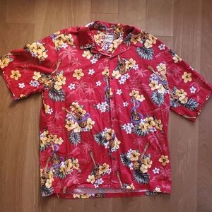 Vintage Hilo Hattie Mens Hawaiian Shirt Size XL Red Guitar Beach Tropical Floral
